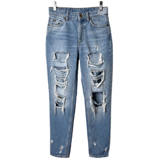 H&M &Denim Women's Boyfriend Jeans Size 0 Low Waist Light Wash Distressed Cotton - Picture 1 of 9